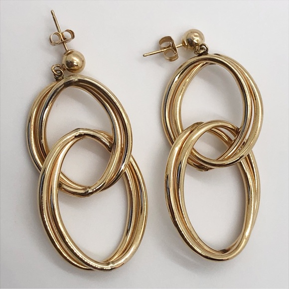 14k yellow gold long double oval dangle hoop earrings figure 8 vintage 2” - Picture 5 of 9